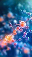 Glowing molecular structure with orange and blue atoms connected by bonds against blurred background, scientific concept for chemistry and biotechnology research.