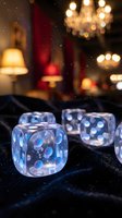 Translucent blue dice with glowing dots rest on dark velvet fabric against blurred warm golden and red ambient lighting, creating an atmospheric gaming or entertainment scene.