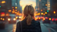 Professional businesswoman with blonde ponytail standing on urban street at night with bokeh city lights and traffic creating atmospheric background for corporate concepts.