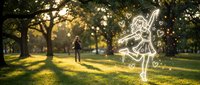 Glowing white line art anime girl character dancing in sunny park with trees and warm golden light rays creating magical atmosphere for creative projects.