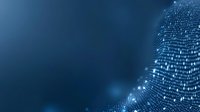 Glowing digital particles form dynamic wave pattern against deep blue background, creating futuristic technology visualization with depth and movement effect.
