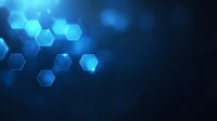Glowing blue hexagonal shapes floating on dark background create futuristic technological pattern for science and medical presentations or digital designs.