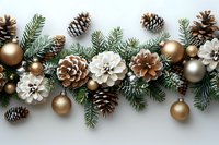 Festive winter border with frosted pinecones, gold and silver ornaments, and evergreen branches arranged on white background for holiday designs.