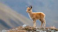 Young klipspringer antelope standing alert on rocky outcrop against blurred mountain backdrop, displaying characteristic tan coat and delicate features in natural habitat.