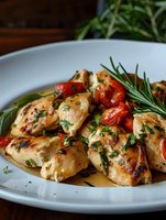 Pan-seared chicken thighs with roasted cherry tomatoes and fresh rosemary herbs in white ceramic bowl. Homestyle comfort food dinner recipe concept.