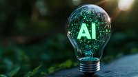 Glowing light bulb with AI text and sparkles against dark nature background symbolizes artificial intelligence innovation and technological advancement.