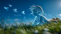 Glowing ethereal fairy silhouette sitting in grass meadow with luminous butterflies against dark blue night sky, magical fantasy nature illustration.
