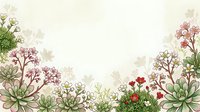 Botanical frame with succulents and delicate wildflowers on a light background, featuring soft pink, red, and white blooms with lush green foliage.
