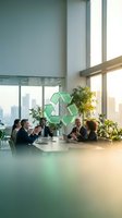 Business team discussing sustainability and recycling initiatives in modern eco-friendly office with green plants and natural lighting.