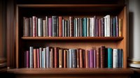 Vintage hardcover books arranged on wooden bookshelf against dark background, showing various sizes and colors of classic literature spines in moody lighting.