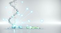 Molecular DNA helix structure with glowing particles and liquid elements on reflective surface, representing genetic research, biotechnology, and scientific innovation for medical and educational use.