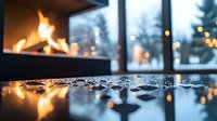Cozy winter evening with fireplace reflection on glossy surface, snowy forest view through window, warm ambient lighting creates peaceful atmosphere.
