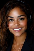 Young mixed race female customer service representative wearing headset and business attire smiles warmly at camera, showcasing professional and friendly demeanor.