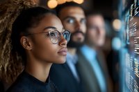 Young African American businesswoman with glasses and curly hair analyzing data visualization with colleagues in modern office environment with bokeh lights.
