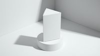 Blank white triangular carton box mockup on a round podium with soft shadows, minimalist studio background for branding and packaging design.