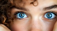 Close-up portrait of young woman with striking blue eyes and curly brown hair. Natural beauty concept for skincare, cosmetics and wellness advertising.