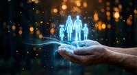 Glowing holographic family silhouettes floating above open palm with magical light particles and bokeh background for insurance and protection concepts.