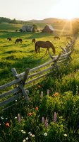 Horses grazing in lush green pasture at sunrise with rustic wooden fence, wildflowers, and farmhouse in background. Perfect for agriculture, rural lifestyle, and countryside themes.