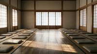 Traditional Japanese dojo interior with tatami mats, wooden floors, shoji screens and natural lighting for martial arts training and meditation practice.