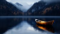 Wooden canoe floating on misty mountain lake at dawn, reflecting golden light on calm water surface against backdrop of foggy peaks and autumn forest.