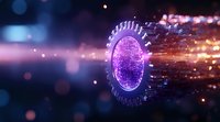 Glowing purple gear wheel with digital fingerprint pattern emitting light streaks and particles against dark background, representing cybersecurity and biometric technology.
