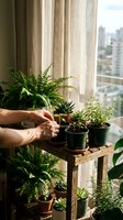 Hands tending to small potted plants on wooden shelf by window with natural light, indoor gardening and plant care at home.