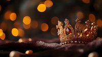 Luxurious golden crown with gemstones on velvet fabric against blurred bokeh lights background, symbolizing royalty and celebration.