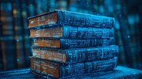 Stack of vintage leather books in blue night lighting with magical sparkles and bokeh effect, creating mysterious atmospheric composition for fantasy or education concepts.