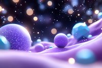 Abstract cosmic landscape with glowing spheres floating over purple waves, featuring soft bokeh lights and sparkles in dark space background.