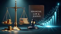 Golden scales of justice with gavel, law books and financial growth chart representing legal expertise in business and finance sectors.