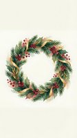 Watercolor Christmas wreath with holly berries, pine branches and golden ribbon on light background for holiday greeting cards and seasonal decorations.