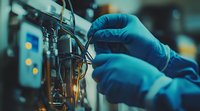 Scientist in protective gloves conducting research in modern laboratory, adjusting equipment with precise focus. Medical testing and analysis concept.