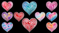 Colorful watercolor heart collection isolated on transparent background, ready for Valentine clipart, stickers, t-shirt design, print on demand, and sublimation projects.