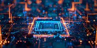 Futuristic glowing microchip on circuit board with orange and blue neon lights, digital technology concept perfect for artificial intelligence and computing presentations.