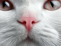 Close-up of white cat nose and whiskers with pink nostrils and amber eyes. Feline facial features macro photography for pet care and veterinary content.