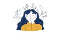 Sad young woman with dark hair in yellow hoodie experiencing mental health struggles with decorative branches and bubbles around her head.
