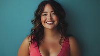Young Asian woman with wavy dark hair and bright smile wearing pink sleeveless top against turquoise wall background, expressing joy and confidence in studio portrait.