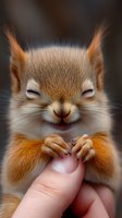 Adorable red squirrel with closed eyes and happy expression holding human finger, showing playful and gentle interaction between wildlife and people in natural setting.
