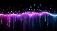 Digital sound wave visualization with purple and blue gradient colors flowing across dark background with glowing particles and light effects.