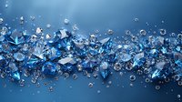 Sparkling blue crystals and transparent water drops floating on dark background, creating dynamic composition for luxury and jewelry designs.