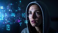 Young woman hacker in hoodie surrounded by digital data visualization and cyber security elements on dark background for technology concepts.