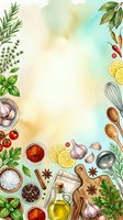 Watercolor cooking ingredients frame with herbs, spices, vegetables and kitchen utensils on textured background for culinary designs and recipe cards.