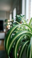 Spider plant with green and white striped leaves covered in water droplets in bright modern home interior with natural light from windows.
