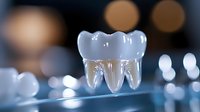 Dental crown prosthesis on transparent base with natural tooth roots, showcasing modern dentistry technology against blurred background.