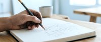 Person with medium skin tone writing in notebook with pen at wooden desk, suitable for business, education, planning, and creative work concepts.