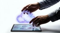 Business professional hands manipulating holographic cloud computing interface above digital tablet on white background for technology presentations.