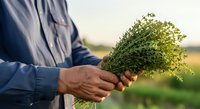 Farmer holding fresh green parsley bunch in hands over blurred agricultural field background, harvesting organic herbs for culinary and cooking use.