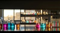 Laboratory glassware with colorful chemical solutions on bench in modern research facility for scientific experiments and analysis.