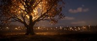 Solitary tree with golden foliage glowing under warm light against a twilight cityscape with bokeh lights in the distance, creating a serene nighttime atmosphere.