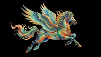 Mythical winged horse with vibrant feathers and ornate details, isolated on transparent background. Ready for t-shirt design, clipart, stickers, sublimation, and print-on-demand projects.